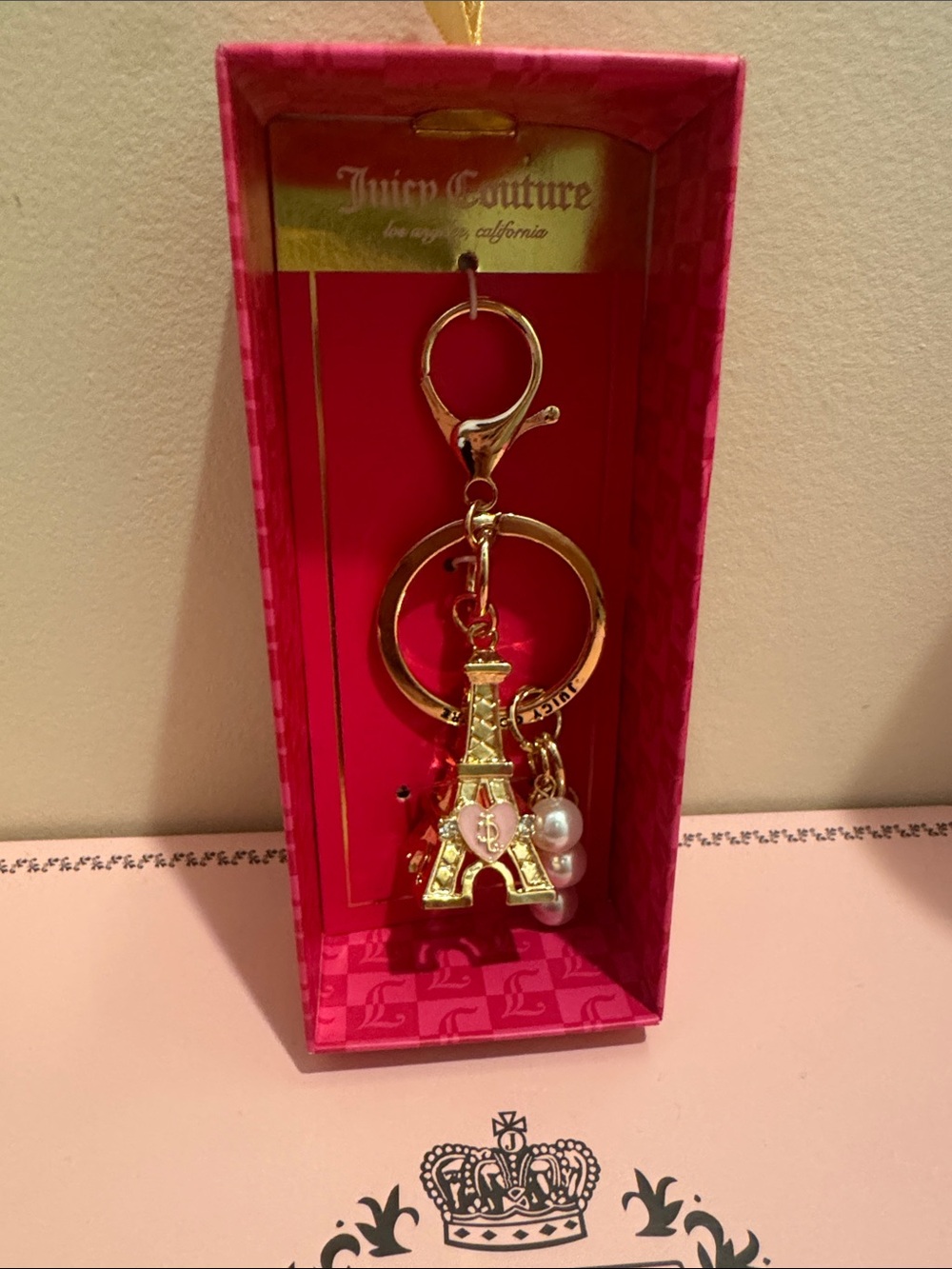 Juicy Couture Gold Eiffel Tower Keychain with Faux Pearls